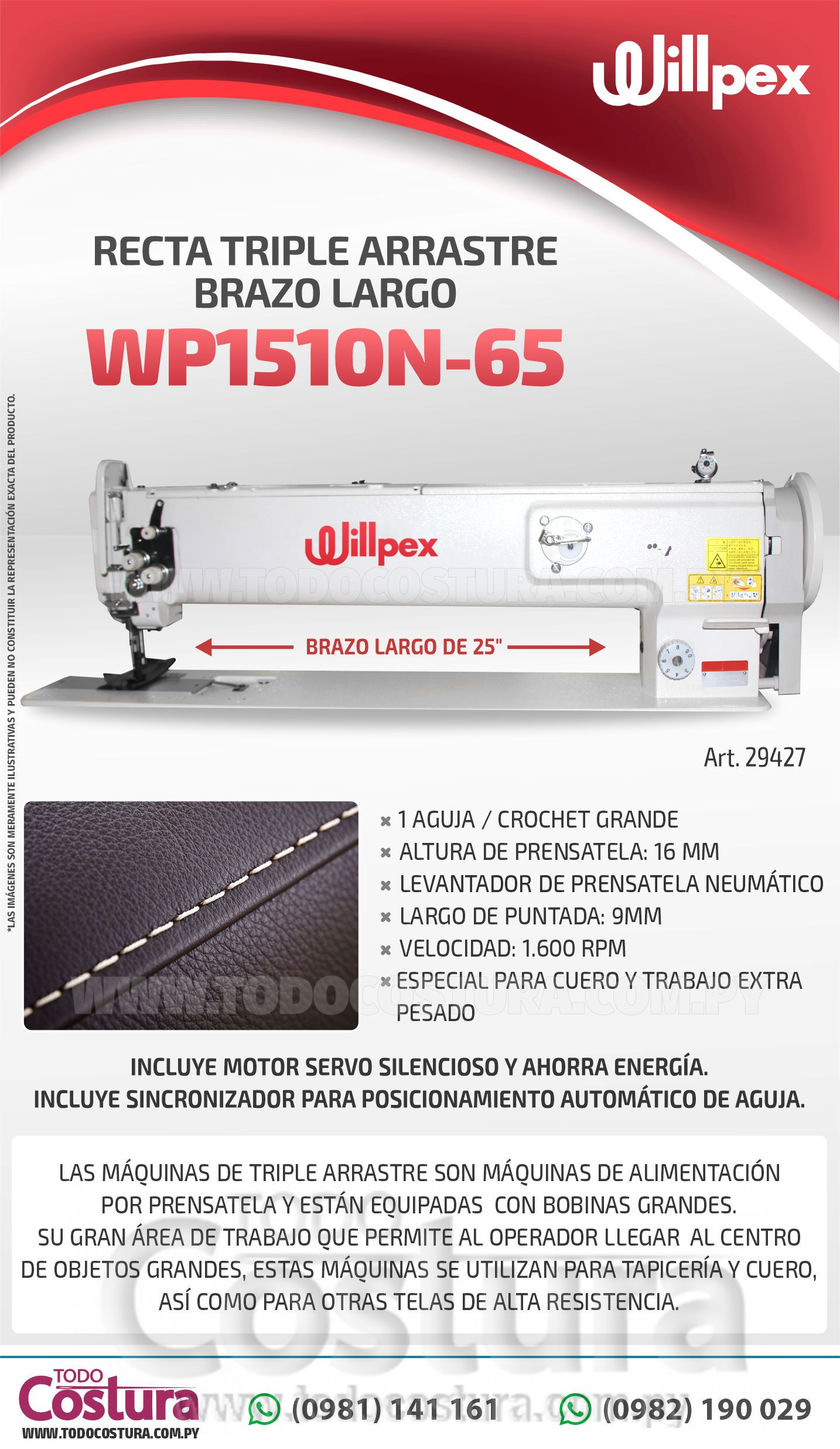 RECTA (DOBLE ARRASTRE - BRAZO LARGO) WILLPEX WP1510N-65 (CON MOTOR SERVO)